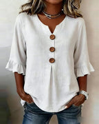 Sophia - Blusa lisa de algodón y lino con botones de madera
