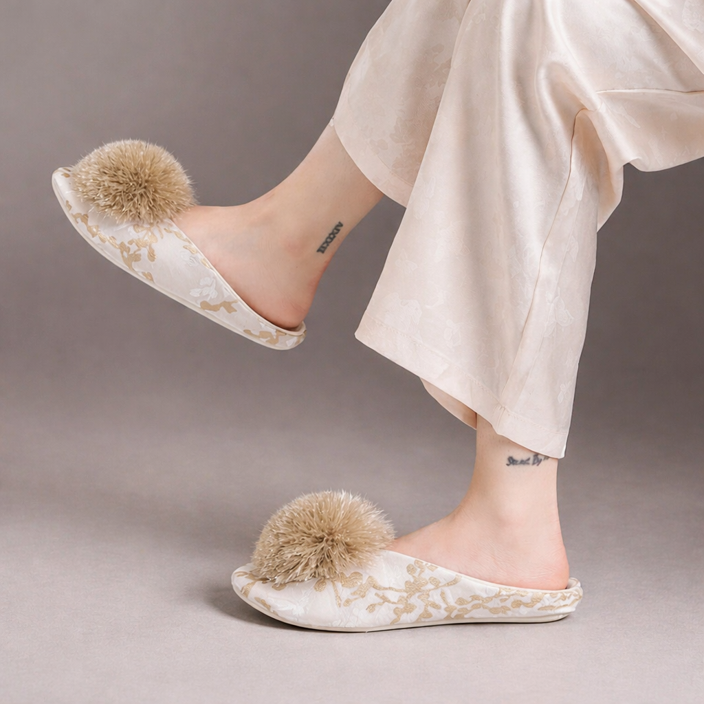 Serena - Pantuflas bordadas con pompones