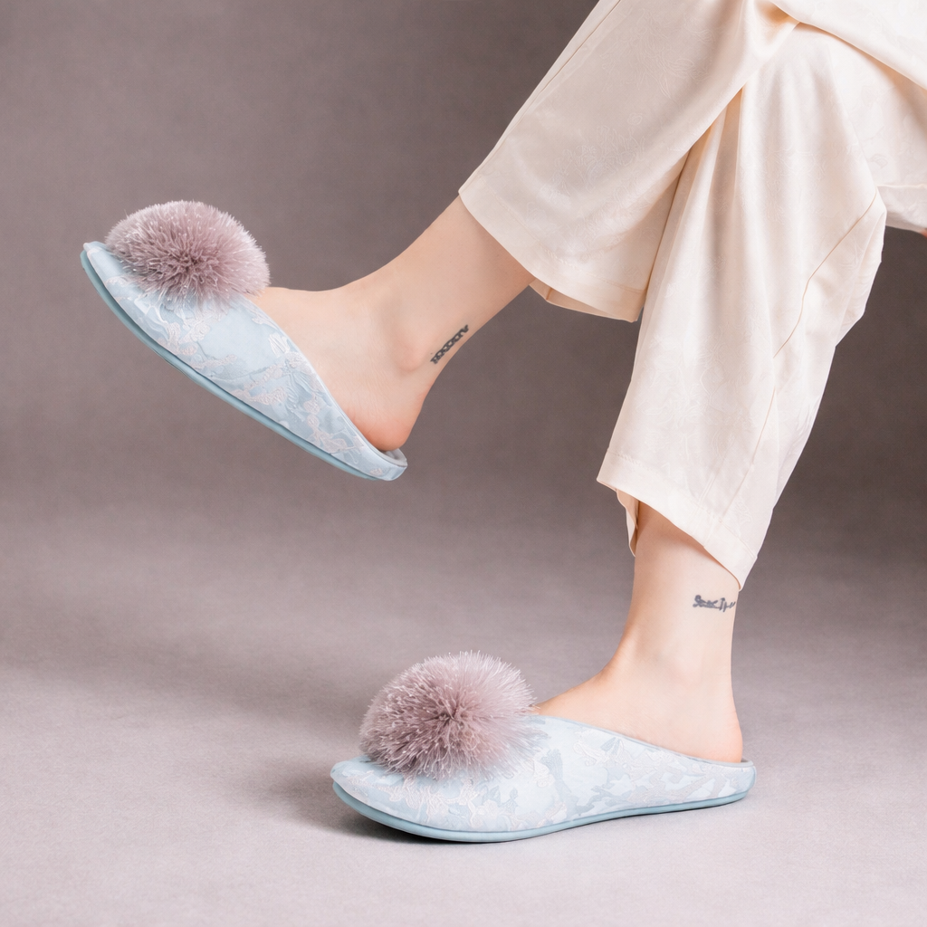 Serena - Pantuflas bordadas con pompones