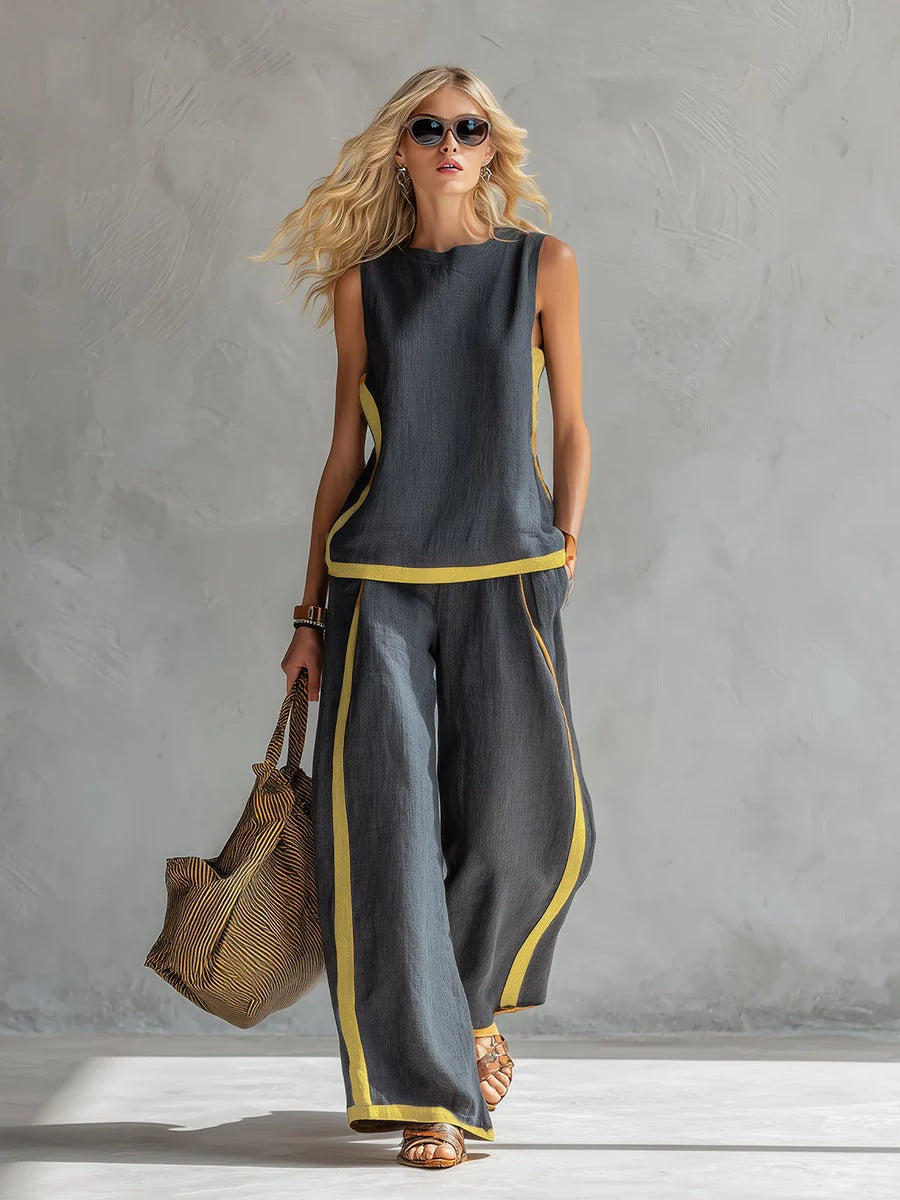 Leila - Elegante y casual conjunto de chaleco y pantalón de algodón