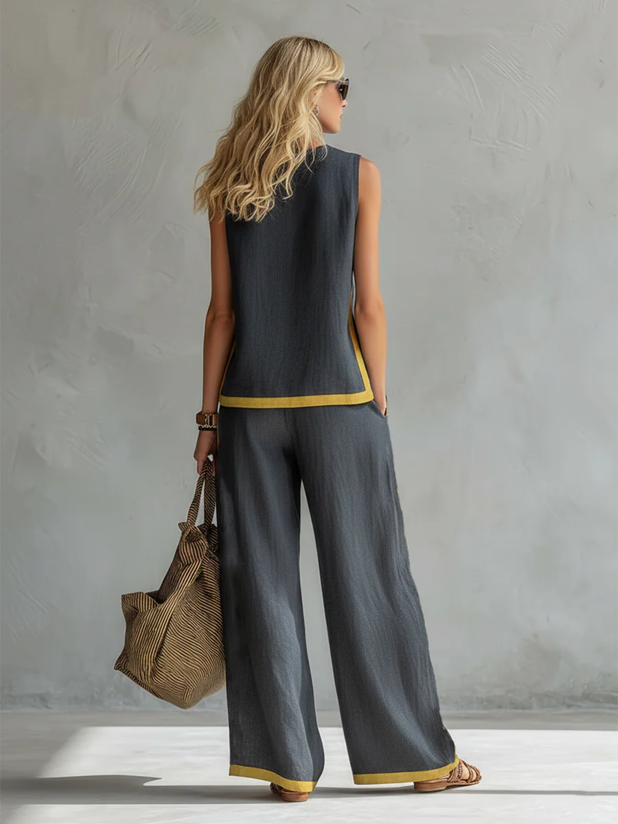 Leila - Elegante y casual conjunto de chaleco y pantalón de algodón