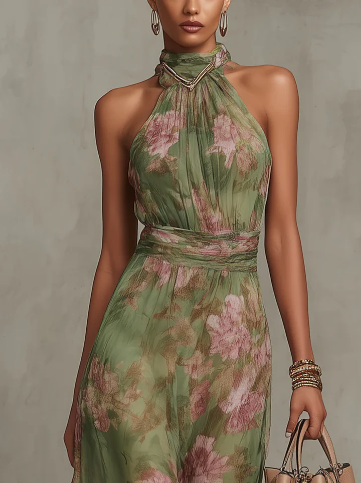 Livia - Elegante vestido largo halter con estampado floral