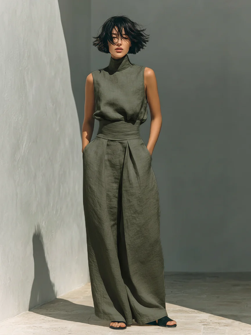 Maria - Conjunto minimalista de camiseta sin mangas y pantalón de pierna ancha