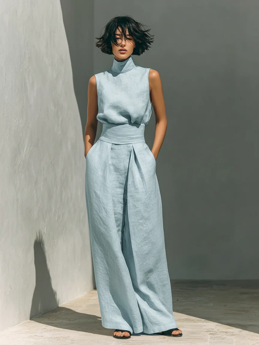 Maria - Conjunto minimalista de camiseta sin mangas y pantalón de pierna ancha