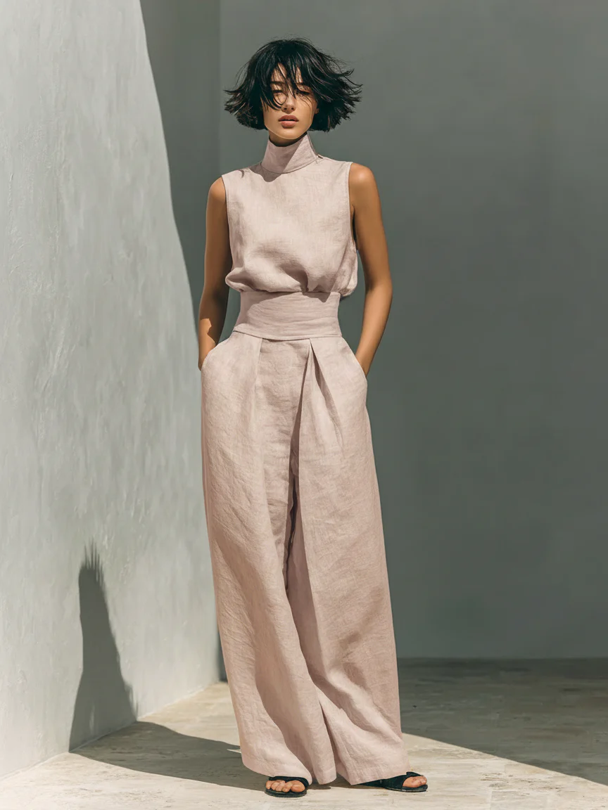 Maria - Conjunto minimalista de camiseta sin mangas y pantalón de pierna ancha