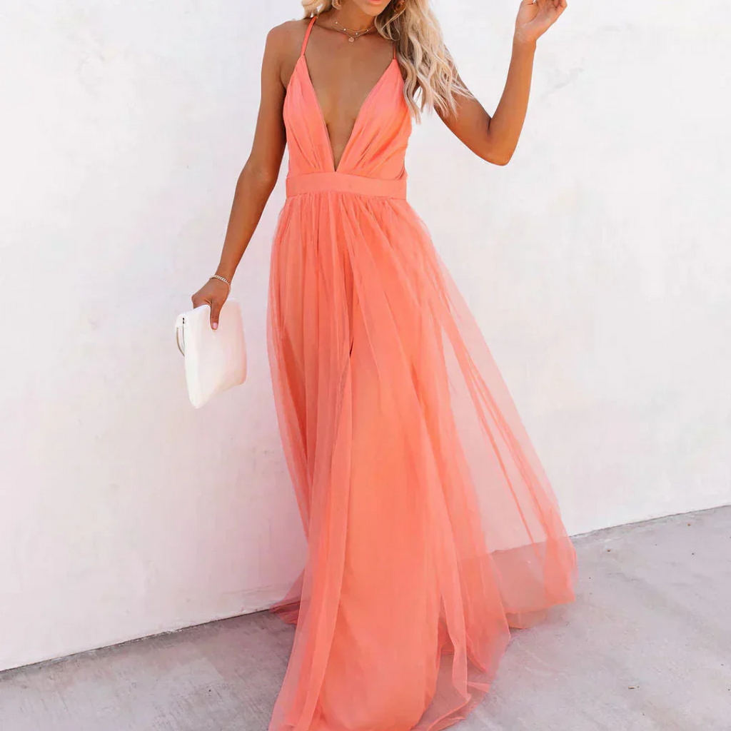 Elena | Vestido largo color coral
