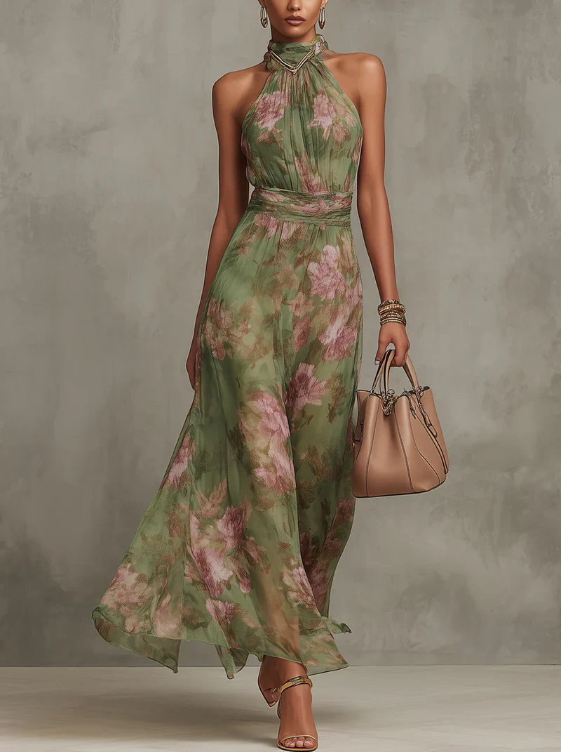 Livia - Elegante vestido largo halter con estampado floral